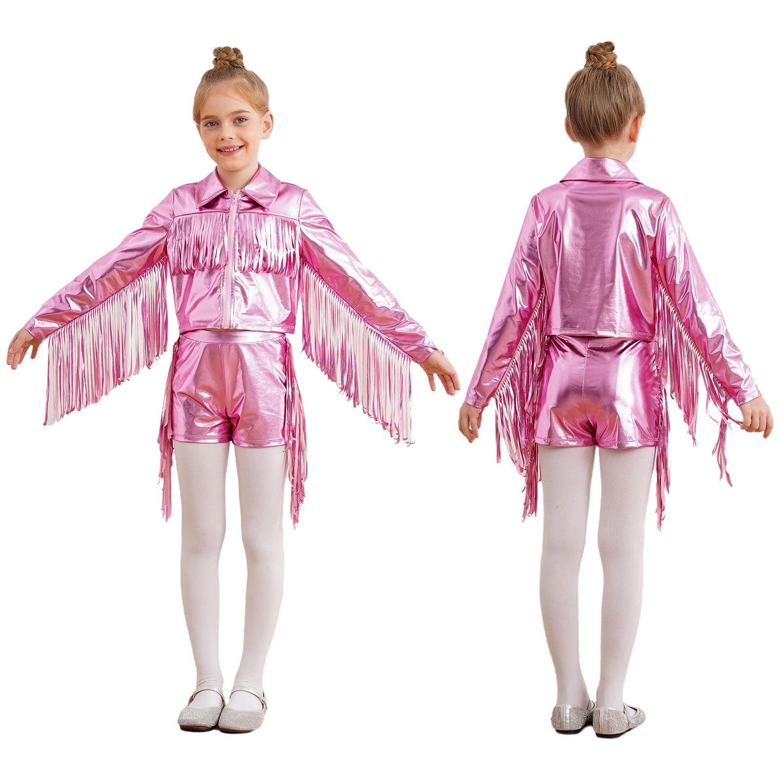 

Пиджак для танцев для девочек с бахромой, топом с металлическими кисточками, отложным воротником, длинными рукавами, застежкой-молнией и шортами, комплект для вечеринки 5-6 Years розовый