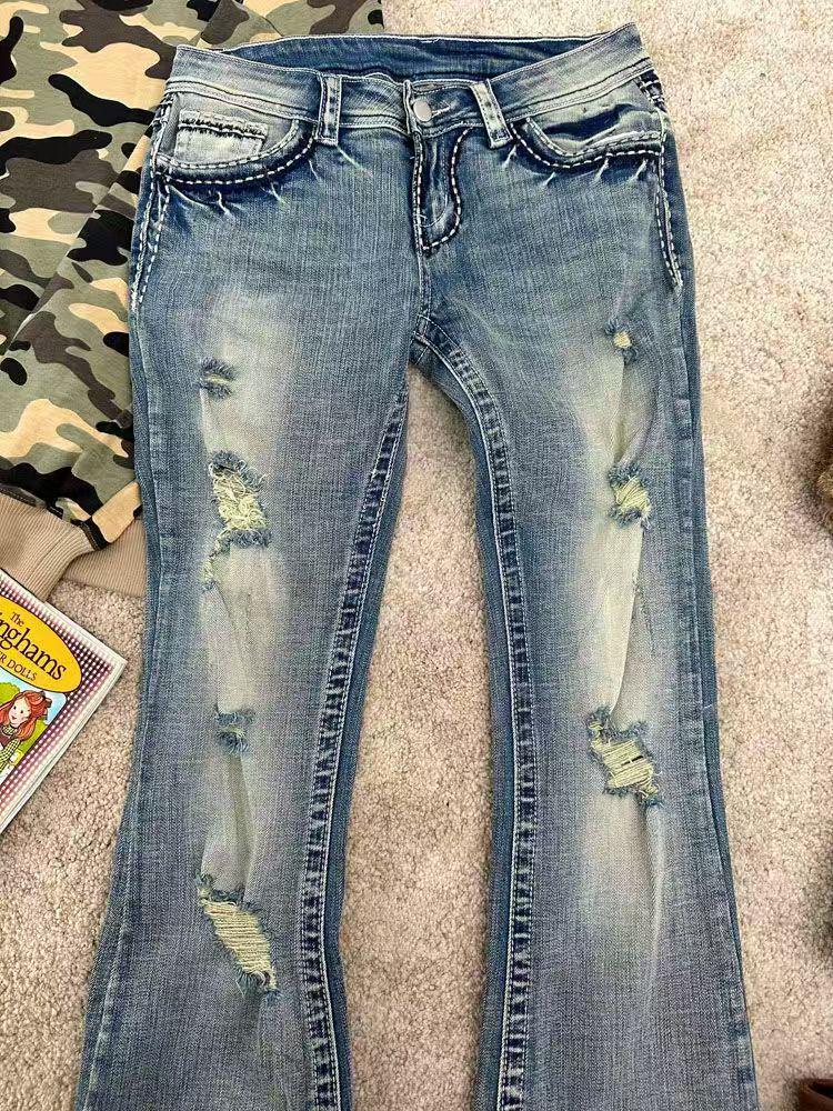 Tall Girl Low Waist Ripped Micro Flare Jeans - Slim Fit Summer Pants