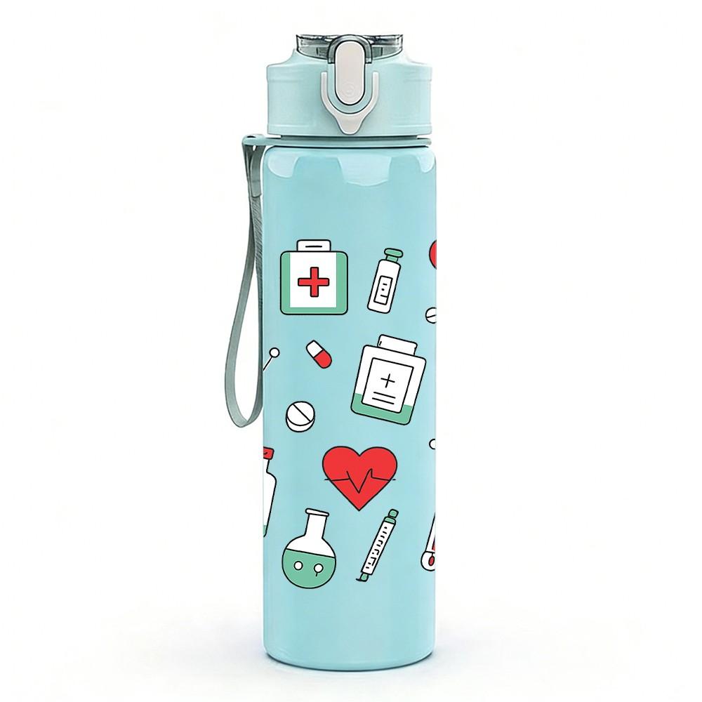 1PC Medical Supply Cute Pattern 750ml Color Plastic Sports Water Bottle Leakproof Flip Straw Lid Suitable for Sports Office Home Use