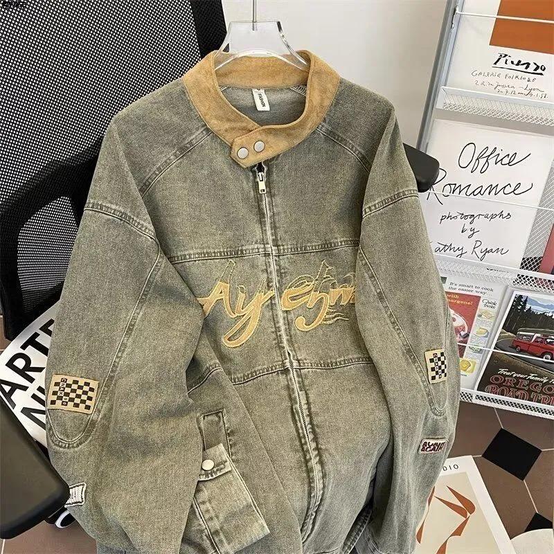 

Весенне-осенние свободные джинсовые куртки с вышивкой и воротником-стойкой для мужчин и женщин в стиле национальной моды, уличный хип-хоп 2XL