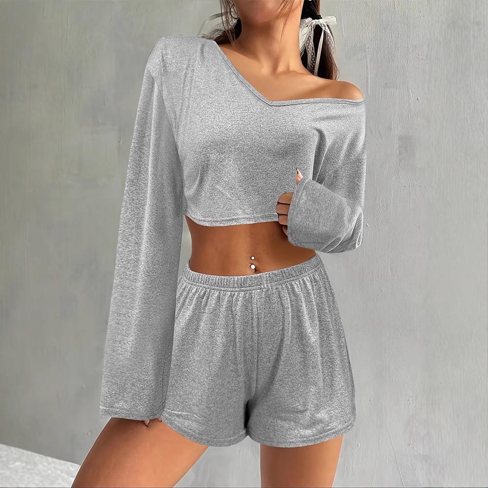 Women S Gray Long Sleeve Crop Top And Shorts Two Piece Set
