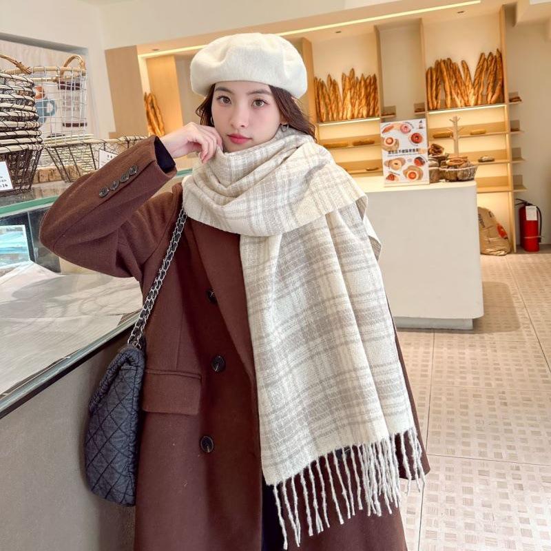 Women's Faux Cashmere Plaid Scarf - Korean Style, Thick & Warm Autumn/Winter Shawl