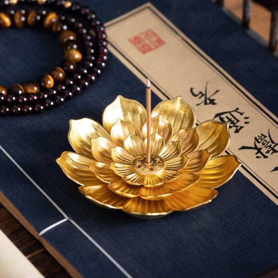 1PC Gold Incense Burner Stick Holder Buddhism Lotus Line Incense Plate Base Temples 7