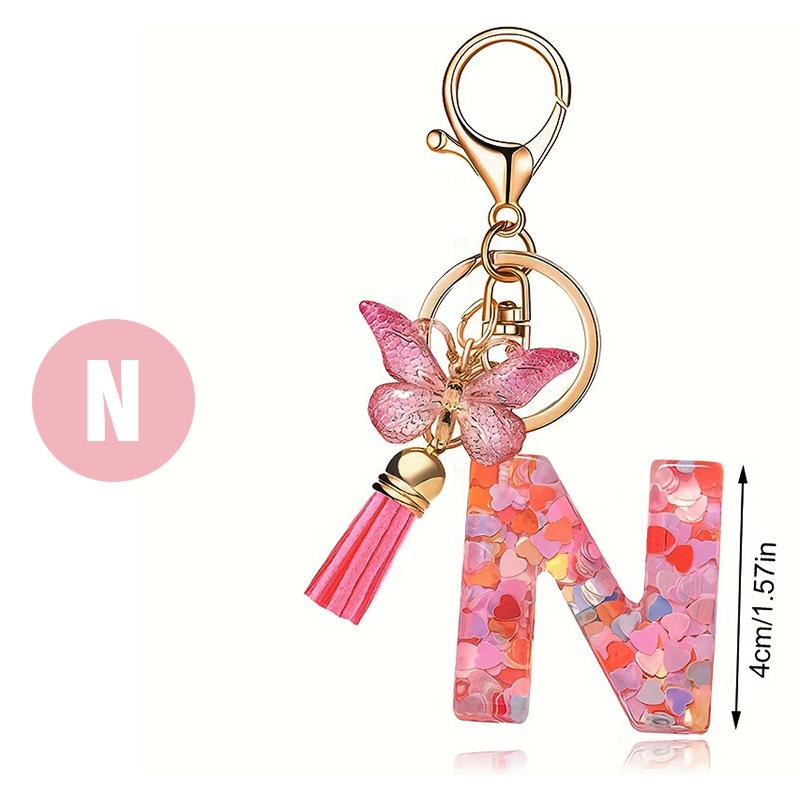Pink Letter Keychain Heart Sequin Butterfly Tassel Keychain Epoxy Pendant Accessory For Women