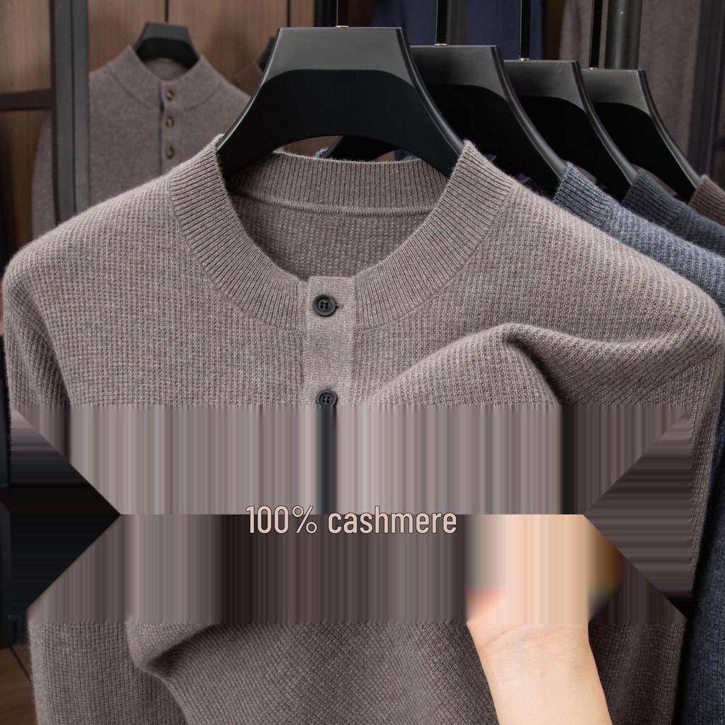 Men's Luxury 100% Cashmere Pullover - Skin-Friendly, Warm Base Layer with Button Collar for All Ages