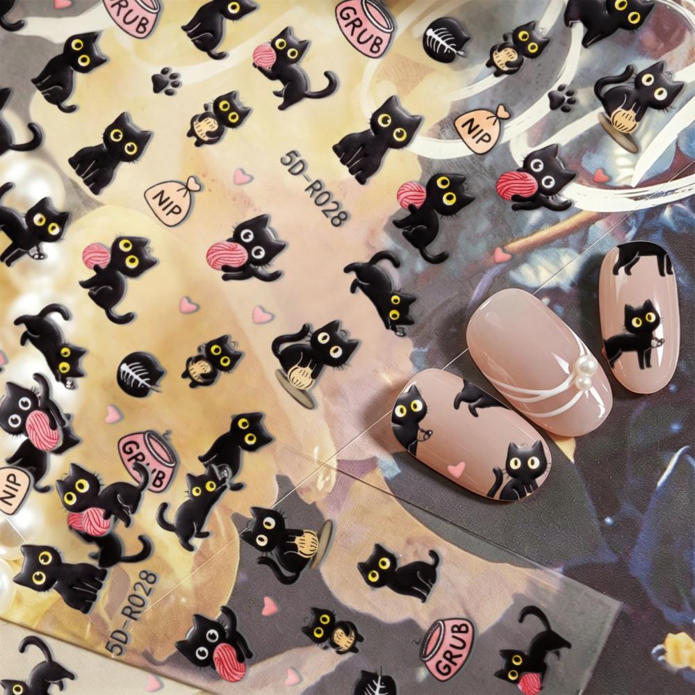 5D Cat Nail Art Stickers Black Kitten Design Self Adhesive Nail Decals for Women And Spring Summer Manicure Decor