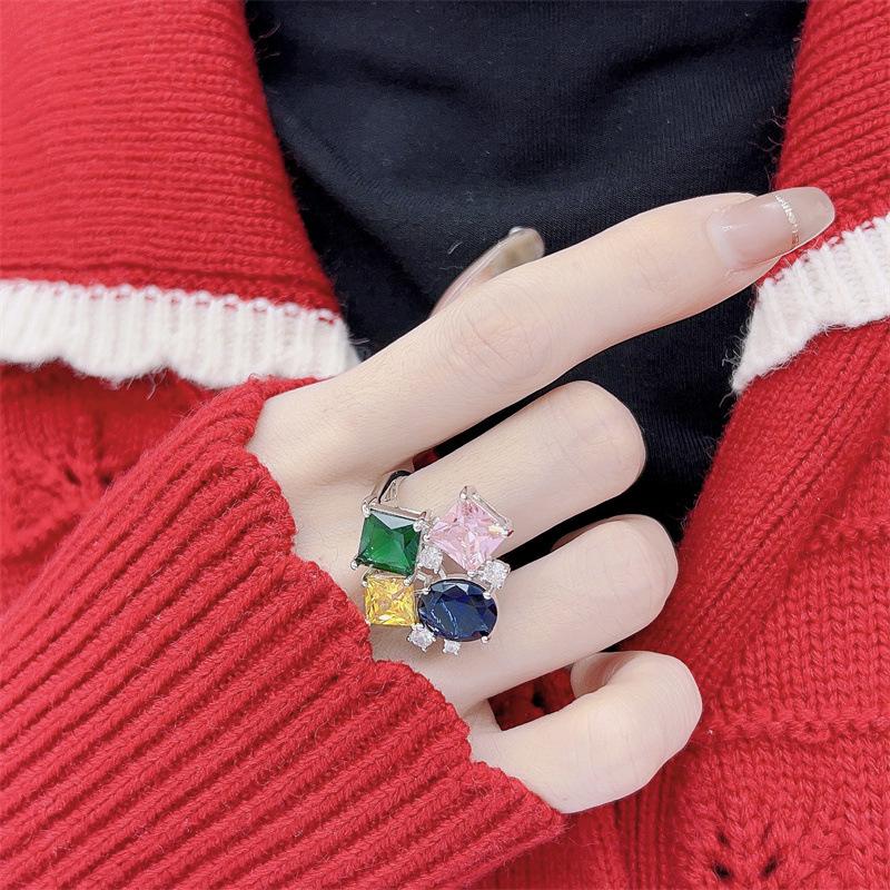 Adjustable Colorful Zirconia Gem Ring for Women – Trendy, Versatile, Fashionable Internet Style