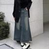 Spring 2025 High Waisted Distressed Denim Midi Skirt - Retro A-Line Design