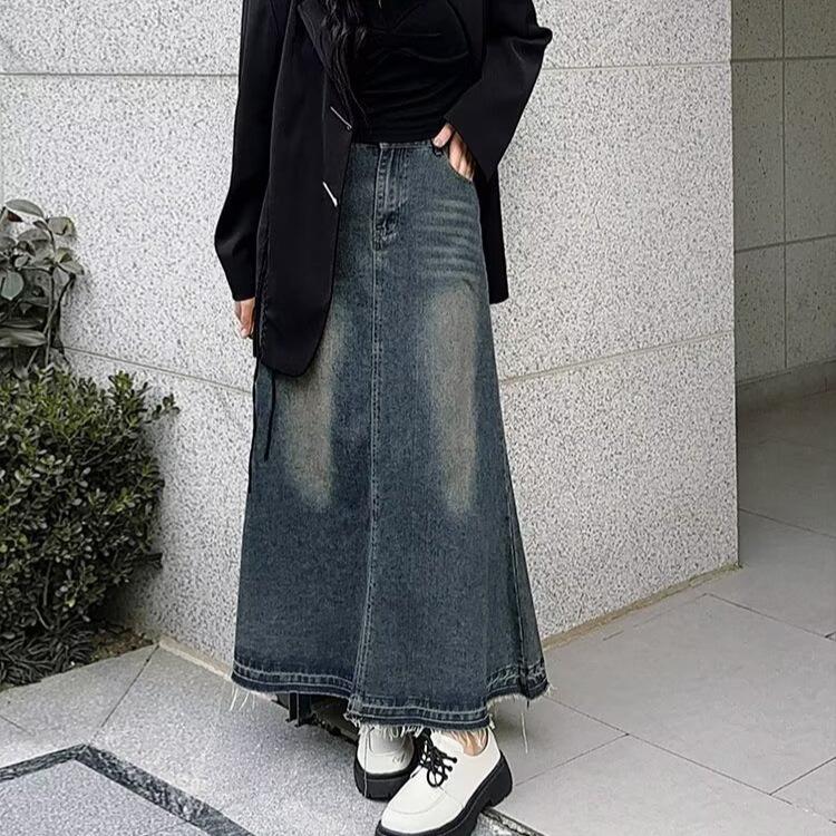 Spring 2025 High Waisted Distressed Denim Midi Skirt - Retro A-Line Design