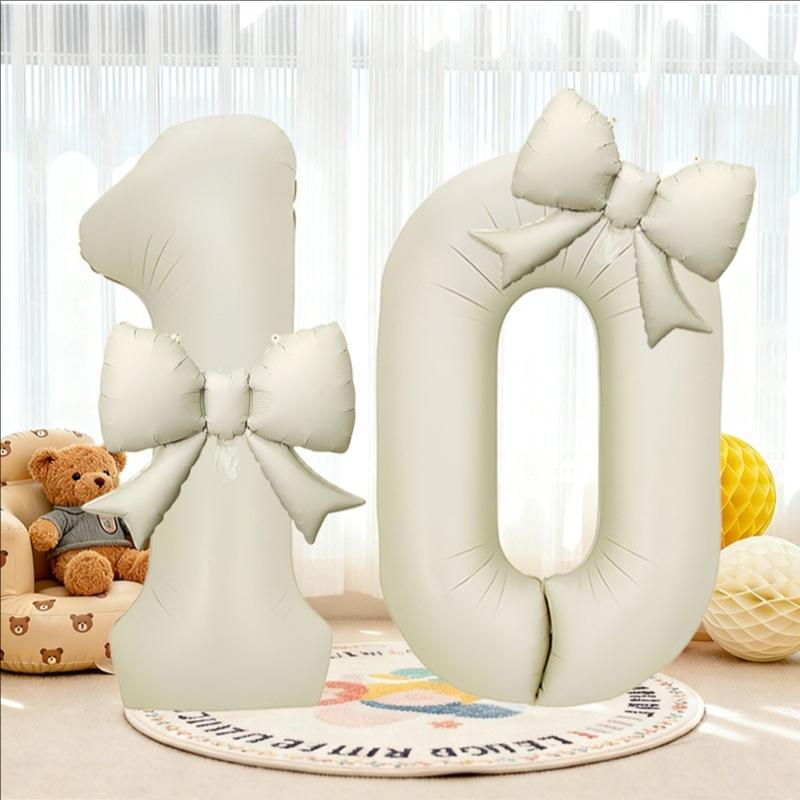Pink Bows Number Foil Balloons 32Inch Cream Beige Number Digit Balloons with Pink Bows for Birthday Coquette Themed Party Decor