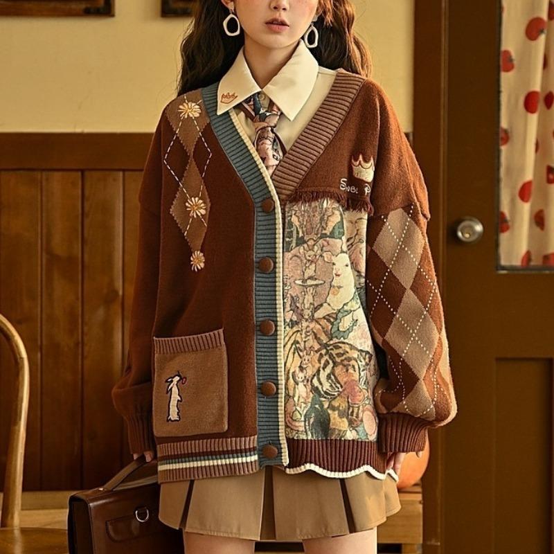 Vintage Harajuku Knit Cardigan Aesthetics Print Y2k Clothes V-neck Sweater Long Sleeve Coats College Style Streetwear Design