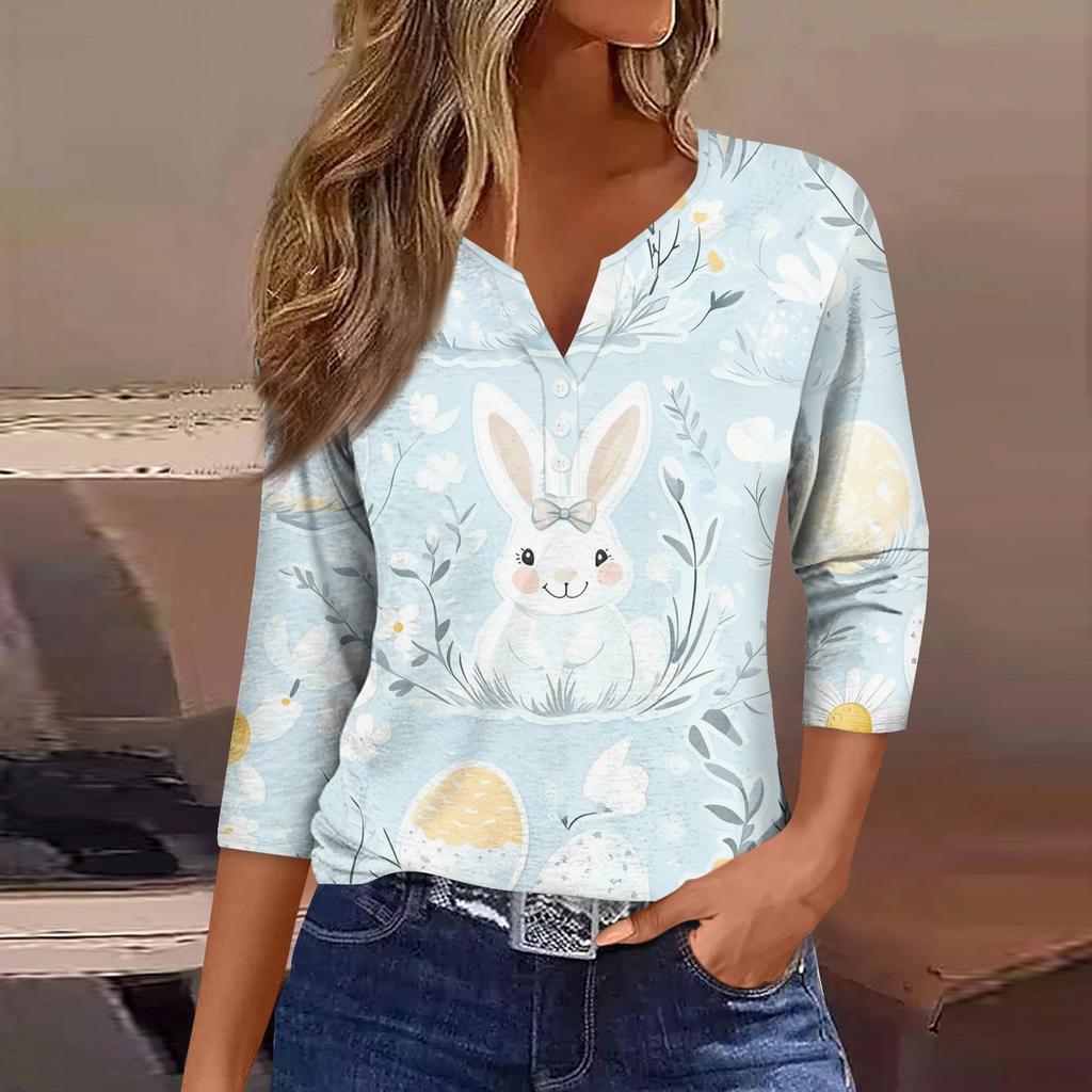 Women's Fashion Casual Easter Printed V-neck Short Sleeve Decorative Button Seven Sleeve T-shirt Top