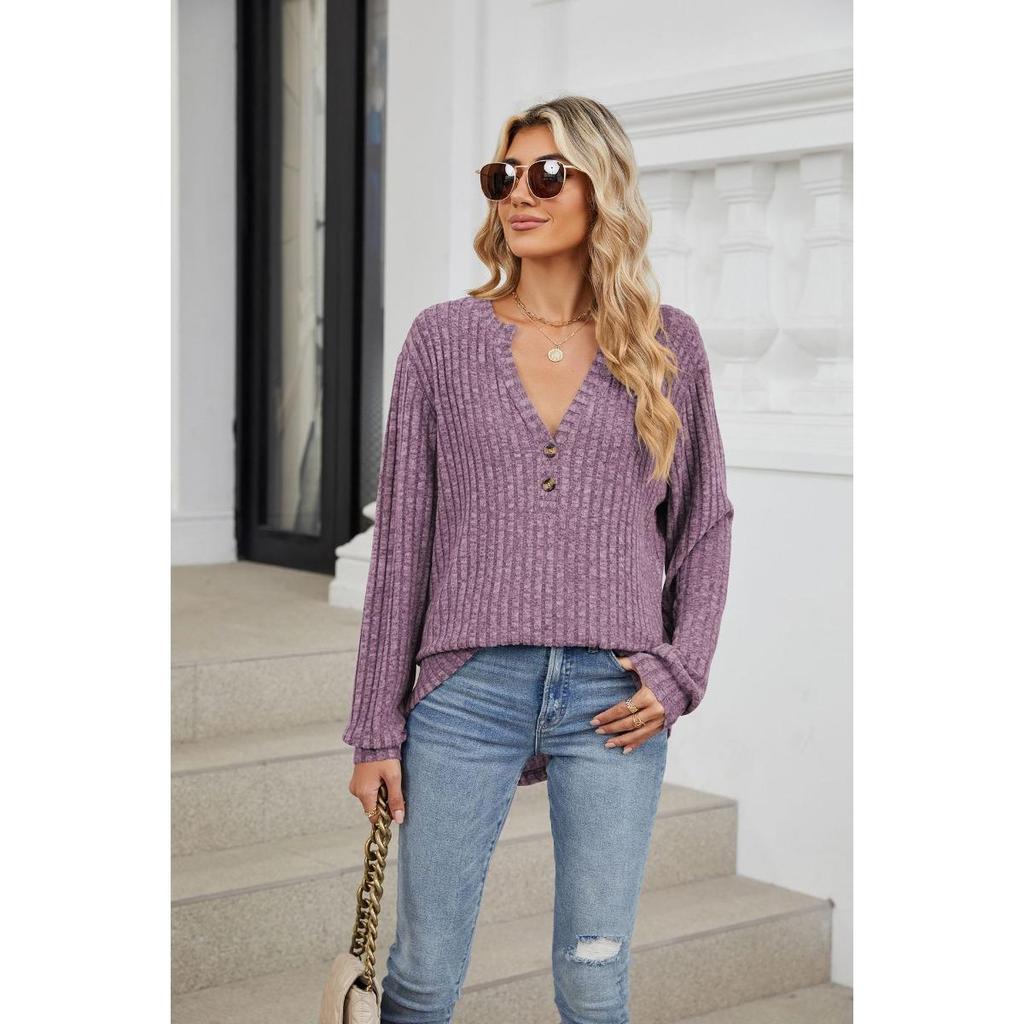 Loose Long Sleeve T-shirt Brushed Solid Color Women's Fall Winter New Leisure Ribbed Button