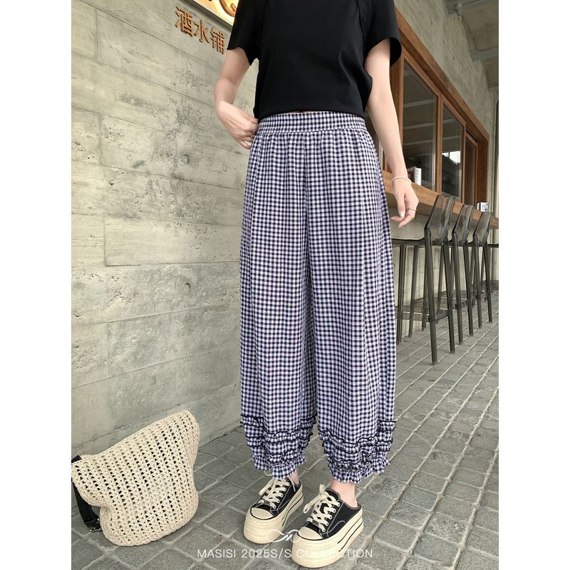 

Maxi Plus Size Women s Wooden Ear Cropped Bud Bloomers Summer Plus Size Ladies Loose Slim Looking Casual Loose Pants Black and White Small Grid (Second Batch) L
