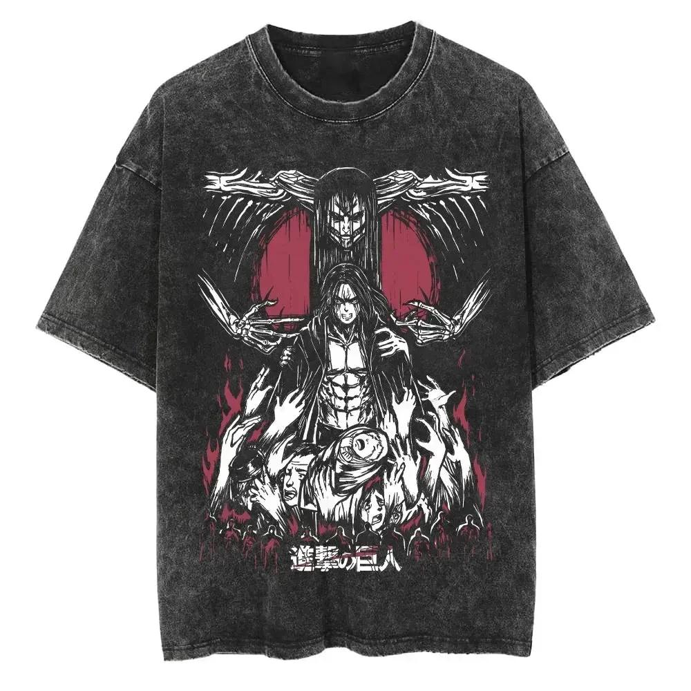 Attack On Titan Men's and Women's Washed T-Shirt Eren Yeager Summer Spring Anime Cotton Tee Retro Distressed Y2k Short Sleeve