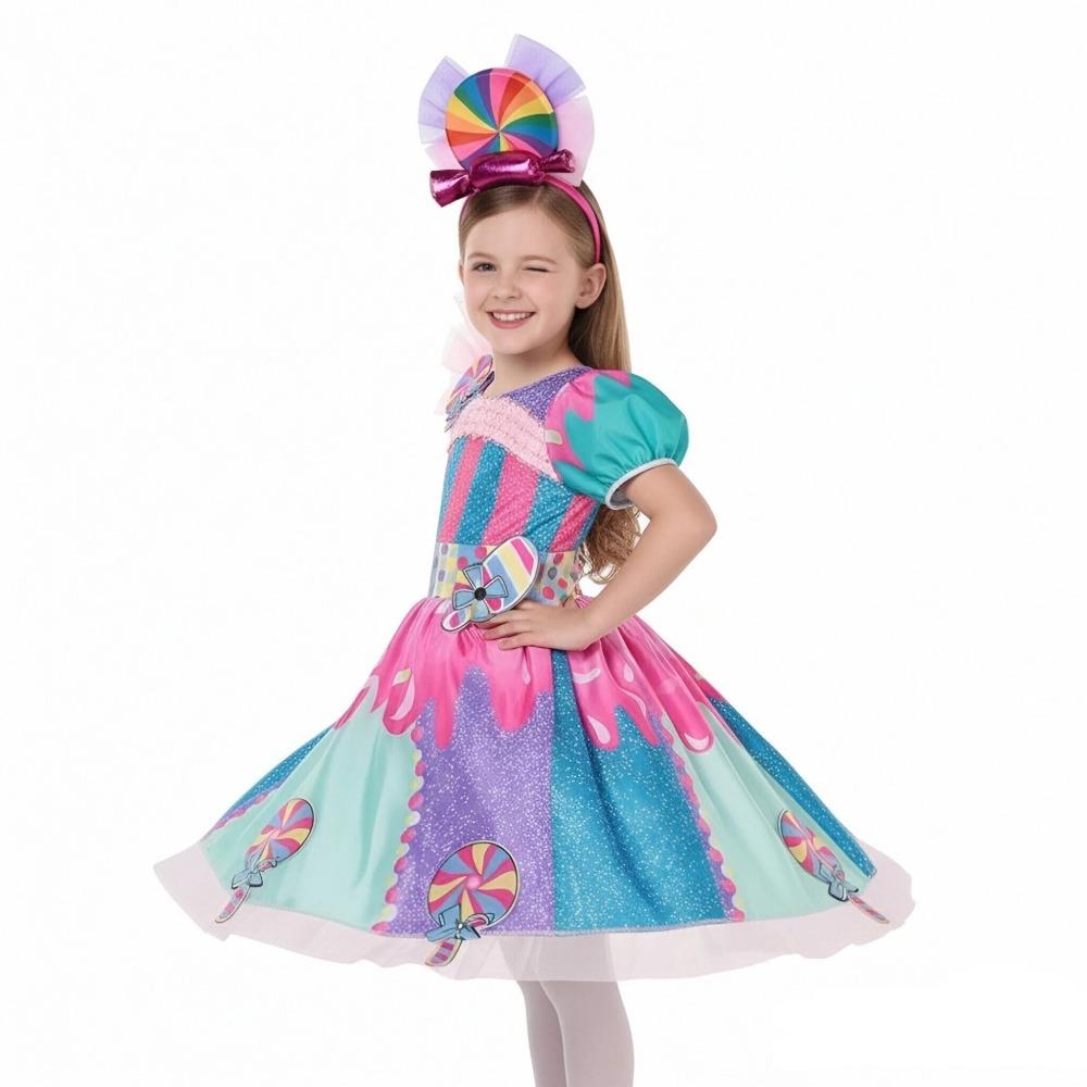 Purim Girls Lollipop Candy Dress With Headband 2 PCS Set Princess Cosplay Carnival Birthday Party Gift Cute Rainbow Costume
