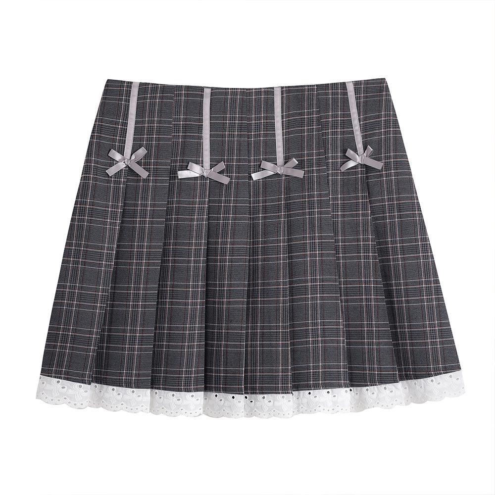 Korean Plaid Bow Smocked Midi Skirt - Plus Size High Waist Slimming Pleated Skirt