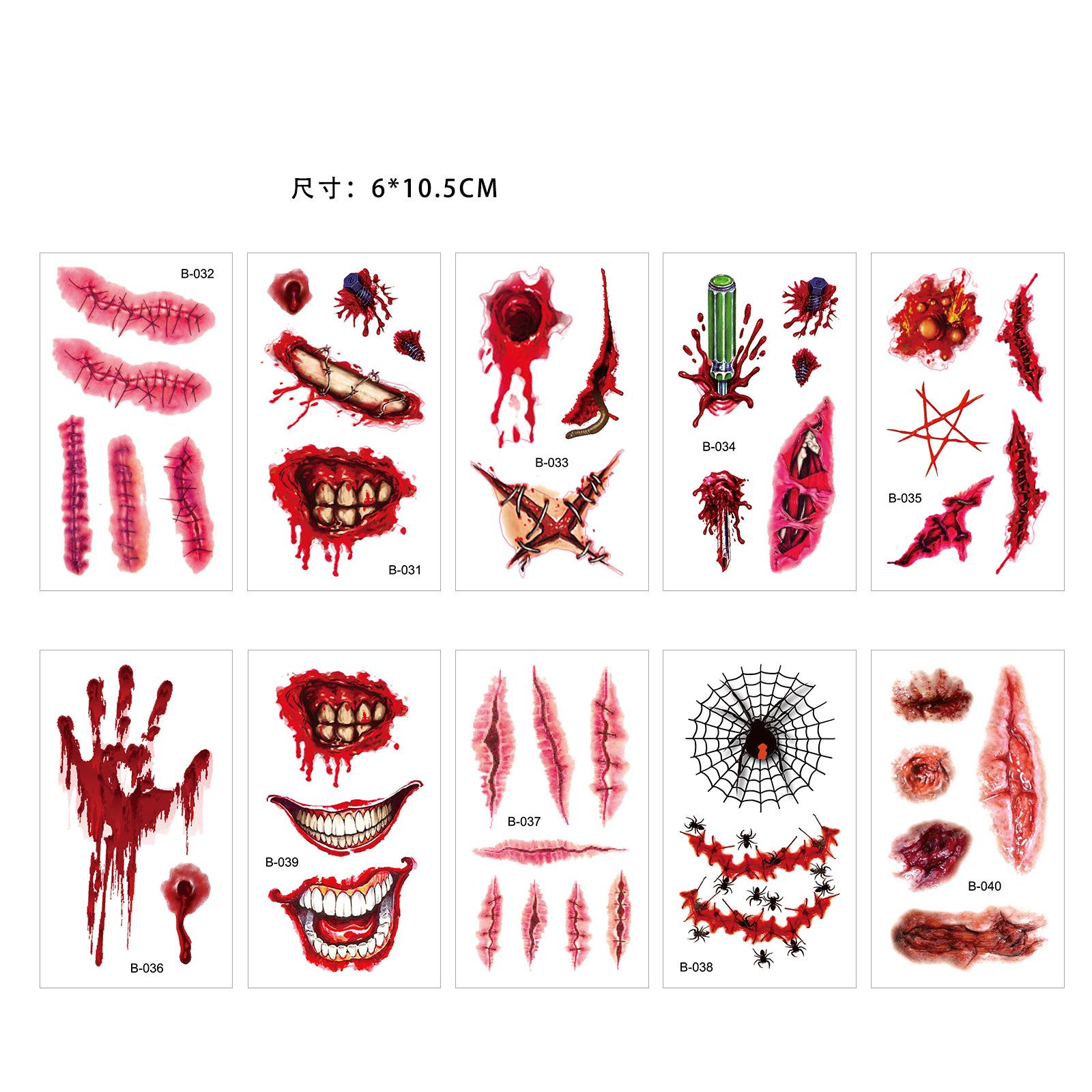 

10 шт. наклейки для татуировки на Хэллоуин, ужас, кровавая рана, шрам зомби, водонепроницаемая временная татуировка, костюм, макияж, украшение на Хэллоуин