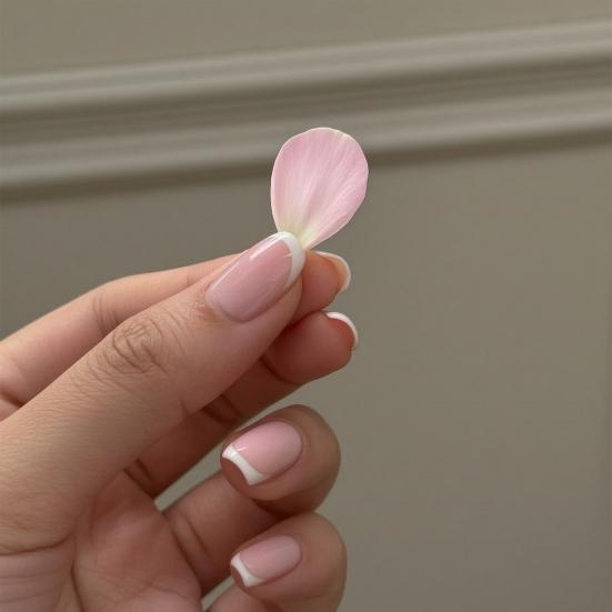 24PCS French Tips Nail Stickers, Full Coverage Square Pink False Nails, White Trim Glossy Press on Nails for Women