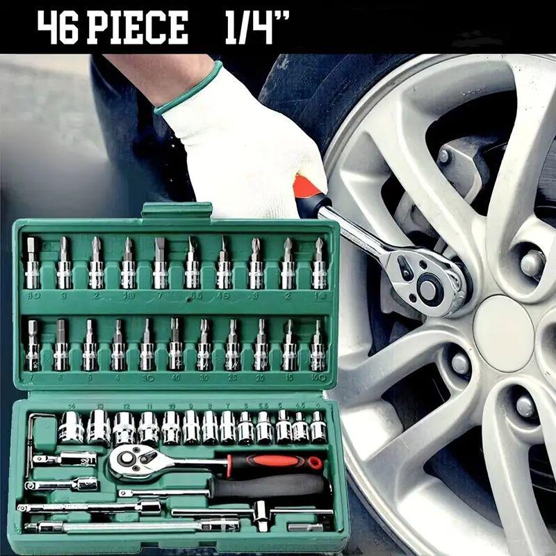 46-Piece Household Repair Tool Set with 1/4 Ratchet, Sockets, Screwdrivers, Hex Key.