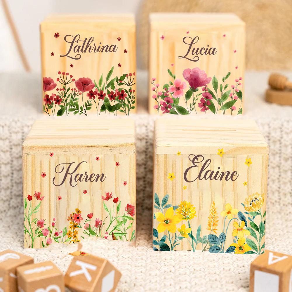 Salvadanaio Fiore Personalizzato Salvadanaio con Nome Maialino Carino Salvadanaio per Bambini Scatola Portamonete Regali di Compleanno e Festività Salvadanai in Legno per Bambini