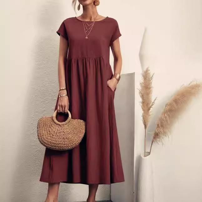Women's Round Neck Short Sleeve Loose Linen Maxi Dress with Pockets