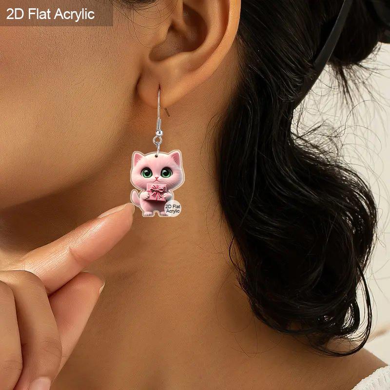 2D Flat Retro Pink Cat Gift Box Women's Acrylic Dangle Earrings Christmas Party Jewelry Gift