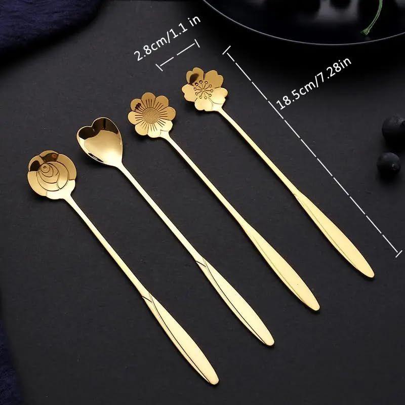 2Pcs Flower Dessert Spoons, Coffee  Stainless Steel Sugar Spoon Small Tea Spoons Cafe Bar Spoon Cute Coffee Teaspoon Mini Tableware, 4 Styles (Gold)
