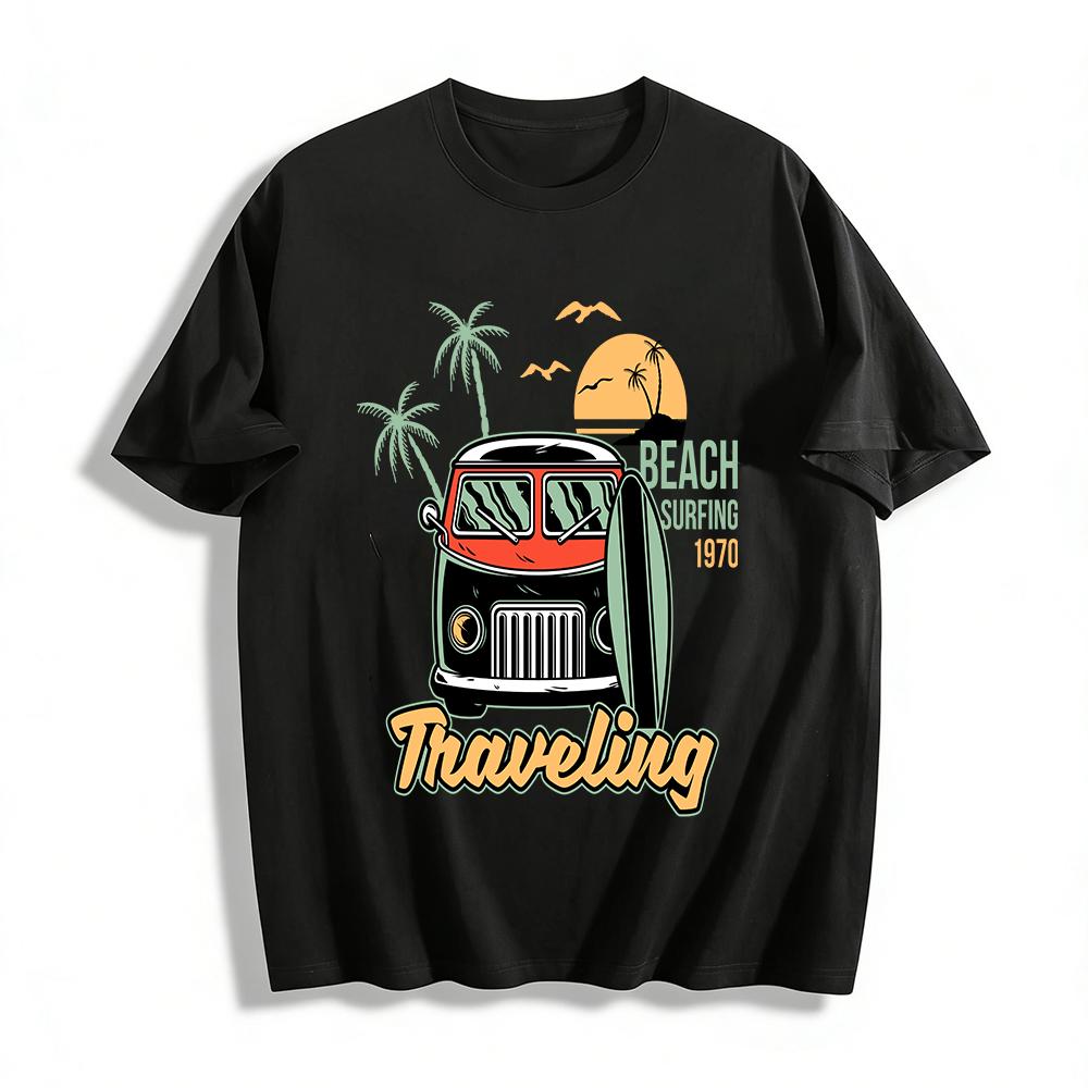 Vintage Beach Surfing Travel Bus Print Casual T-Shirt Pure cotton T-shirt XXS