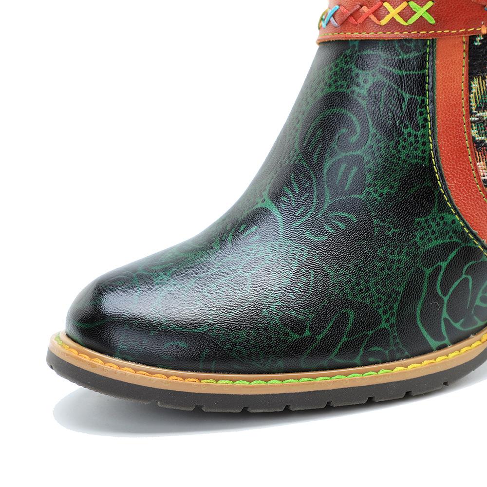 Johnature Genuine Leather Boots Fashion Women High-heeled Shoes Retro Rivet Patchwork Short Boots