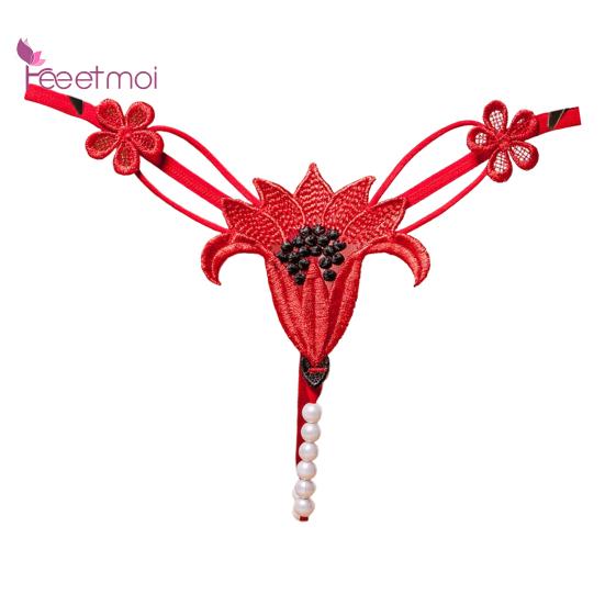 Women Panties Breathable Low Nylon Floral Pearl Underwear Thong Waist