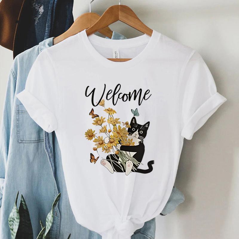 

Womens Cartoon Tshirt Welcome Cow Cat and Wildflower Tshirts Short Sleeve Shirt 2024 Funny Vintage Style Animal Women T Shirts S