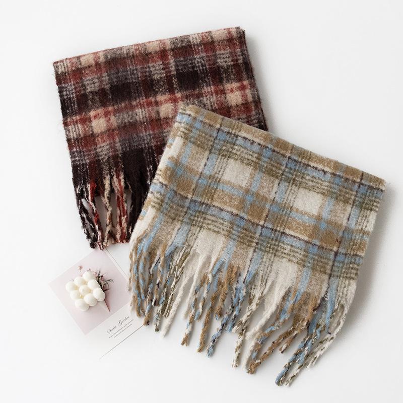 New Fluffy Large Brushed Imitation Cashmere Plaid Tassel Scarf High-end Women's Plaid Scarf Shawl