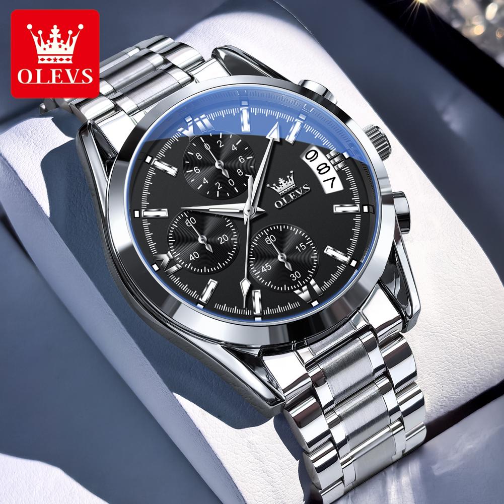 OLEVS Men Watches Casual Fashion Solid Stainless Steel Strap Original Quartz Watch for Man Waterproof Luminous Date Chronograph