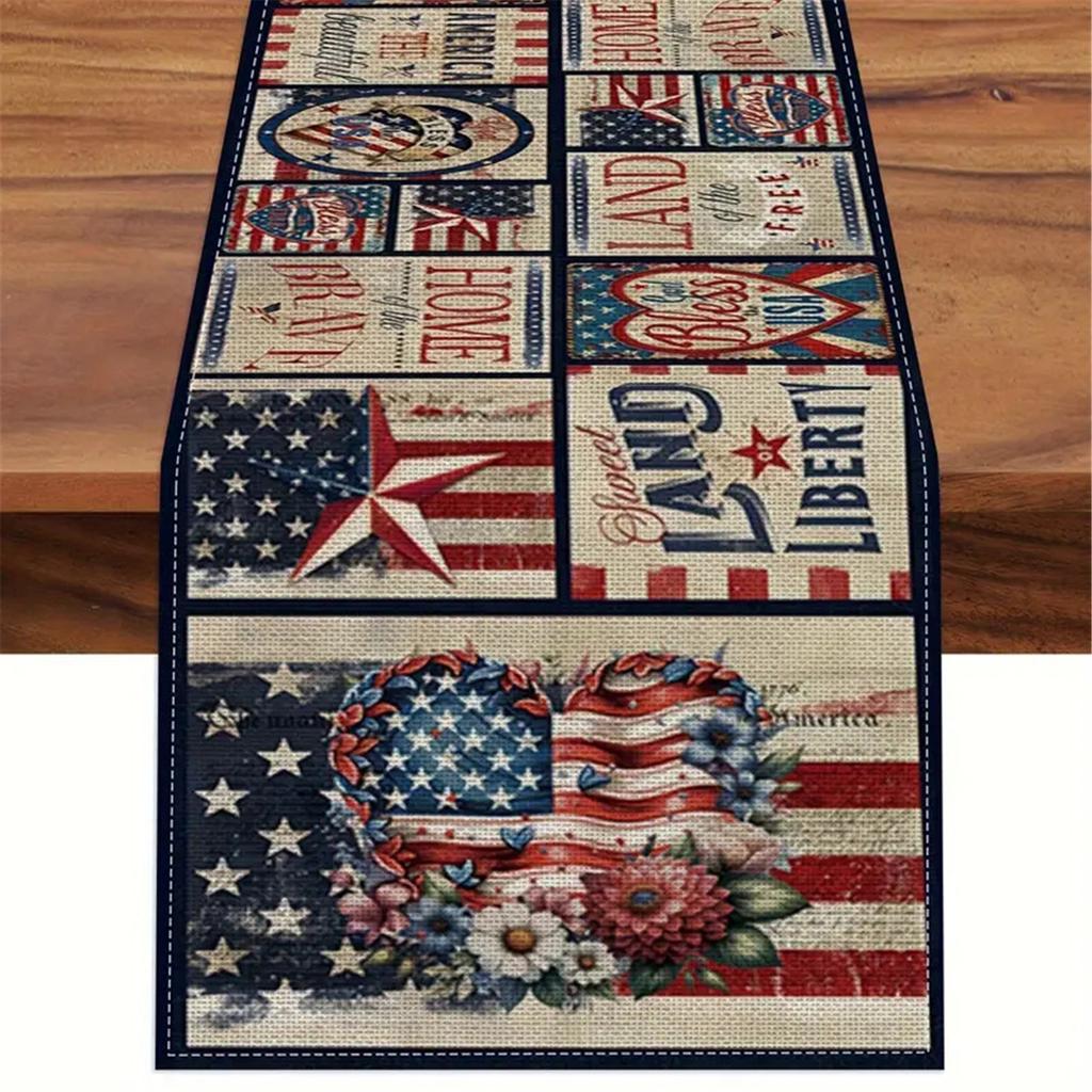 Linen Fabric Tablecloth 13x72In Vintage Independence Day Table Runner Slip-Proof Tablecloth for Placemats Table Cloth