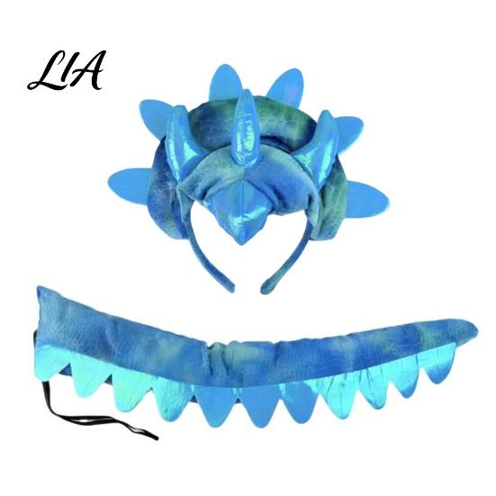 Dinosaur Outfit for Family Triceratops Headband and Tail Set Adults Kids, DIY Three Halloween Party Costume Horn Dragon Accessories Dress Up Role