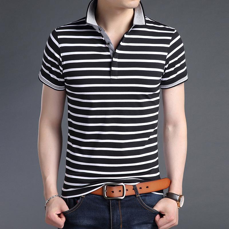 Sommer Neues Jugend Herren Koreanisch Dünnes Kurzarm T-Shirt Paneel Revers Knopf Patchwork Druck Streifen Mode Lässig Baumwoll-Top