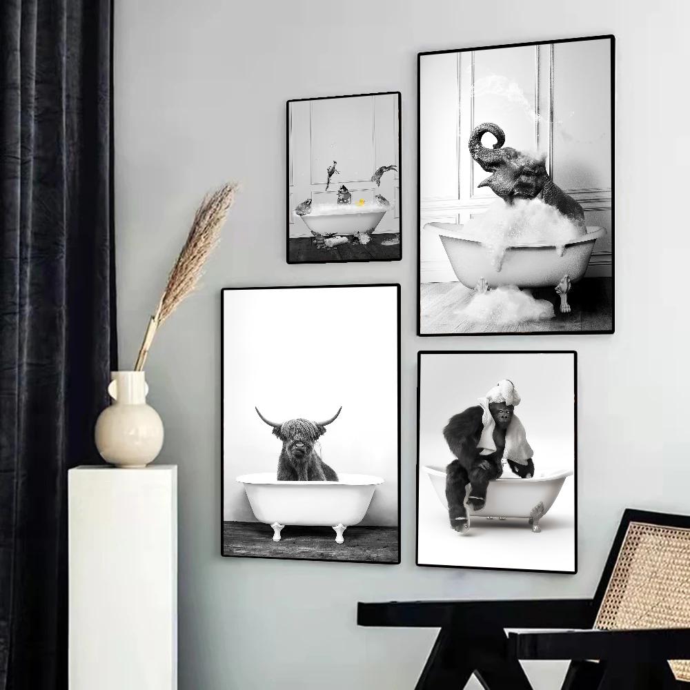 1pc Retro Art Bathroom Animal Poster Self-adhesive Art Poster Waterproof Paper Sticker Coffee House Bar Room Wall Decor