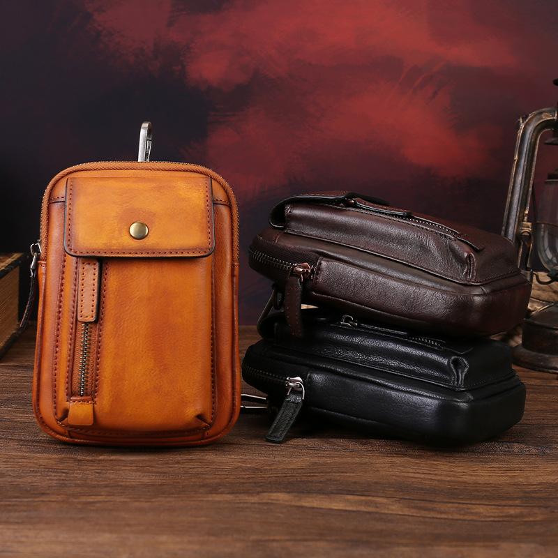 Real Leather Messenger Bag, Cowhide Phone Case, Handcrafted Single-shoulder Crossbody Bag, Men's Retro Bag Casually