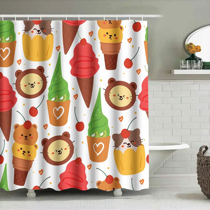 Adorable Animal Ice Cream Shower Curtain Set For Bathroom Decor Cartoon Print Fabric Shower Curtains With Rings Included