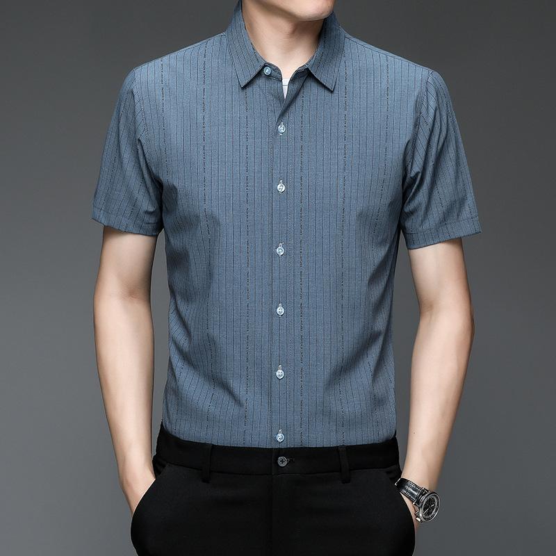 

Летняя рубашка из бамбукового волокна с короткими рукавами, мужская деловая повседневная рубашка в вертикальную полоску из ледяного шелка с половиной рукавов, мужская одежда XXXL