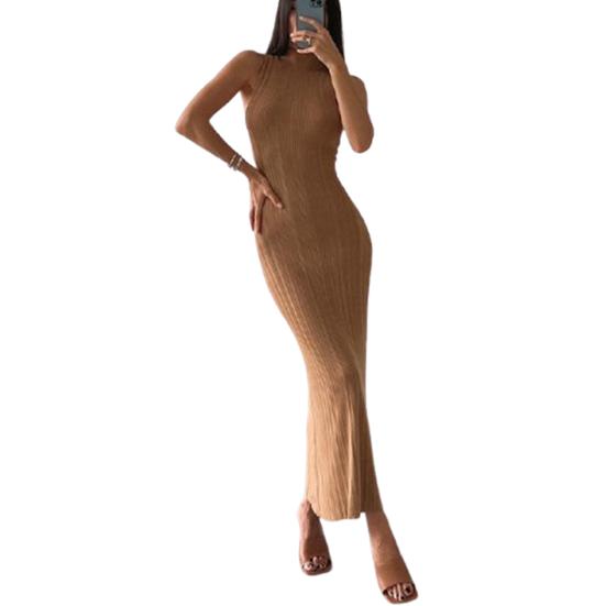 

Женское летнее платье макси с высоким воротом, без рукавов, трикотажное длинное платье с открытыми плечами, облегающее платье для клубной вечеринки L хаки