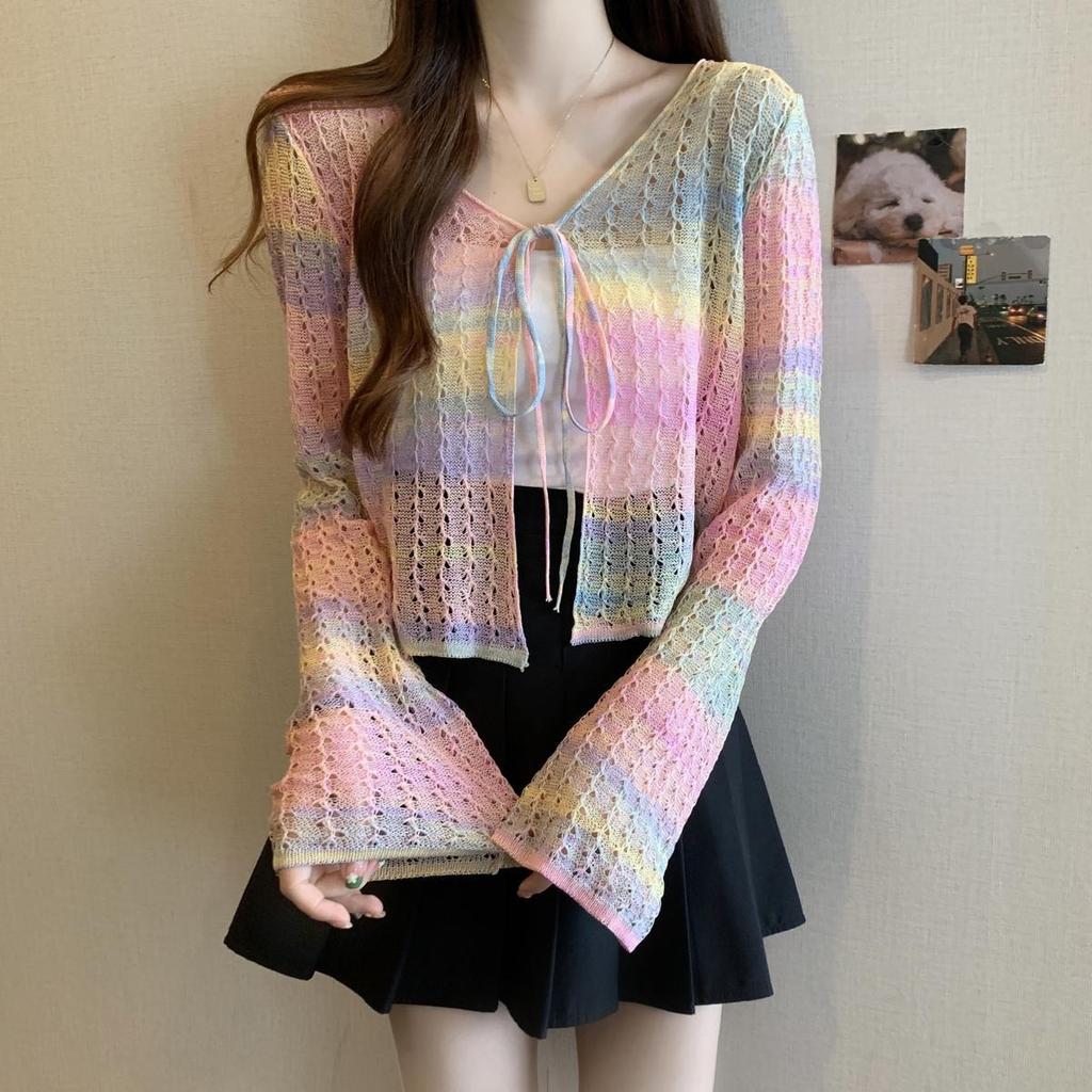 Summer Rainbow Hollow Out Knit Cover Up Ice Silk Cardigan Coat Sun Protection Outer Wear Short Sweet Spicy Dopamine Top
