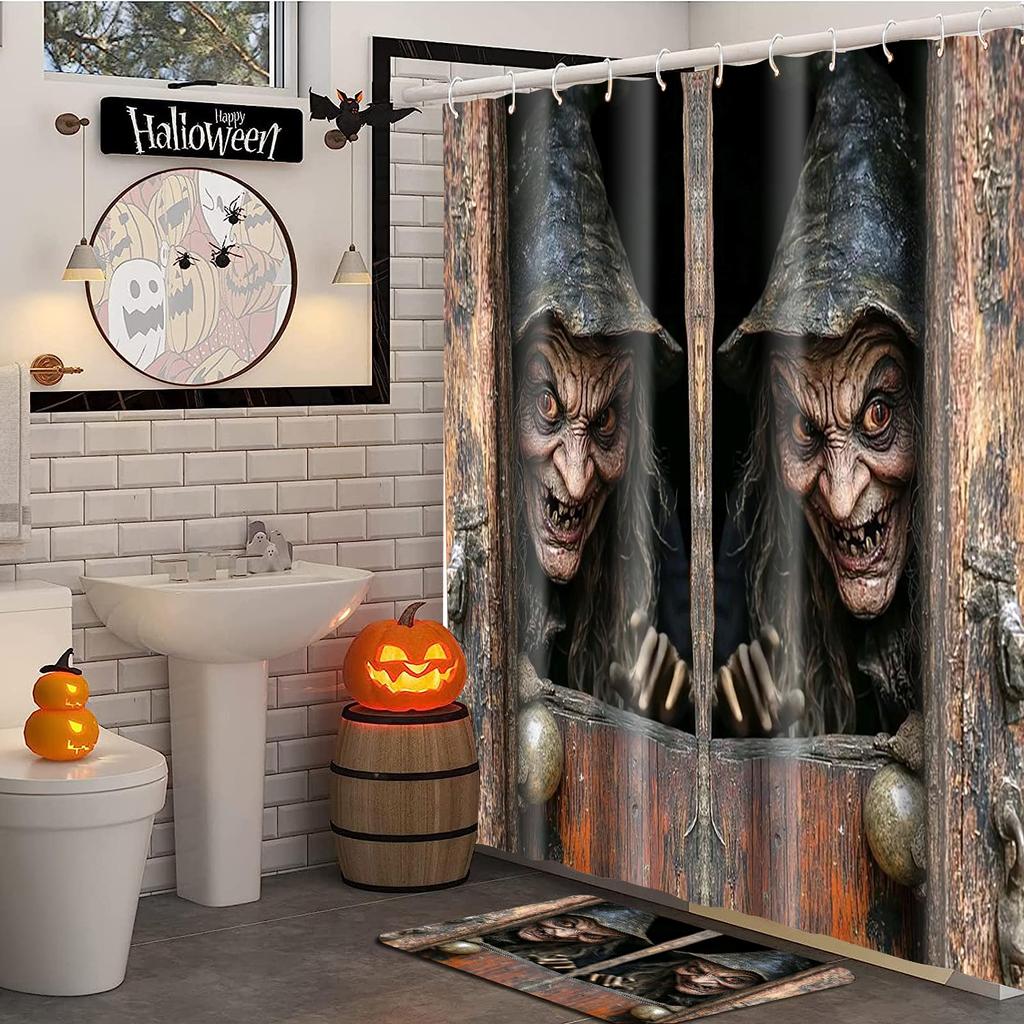 Gruseliger Halloween-Duschvorhang mit Hexenmotiv, wasserdicht, rutschfest, inklusive WC-Vorleger und 12 Haken, Heimdekoration