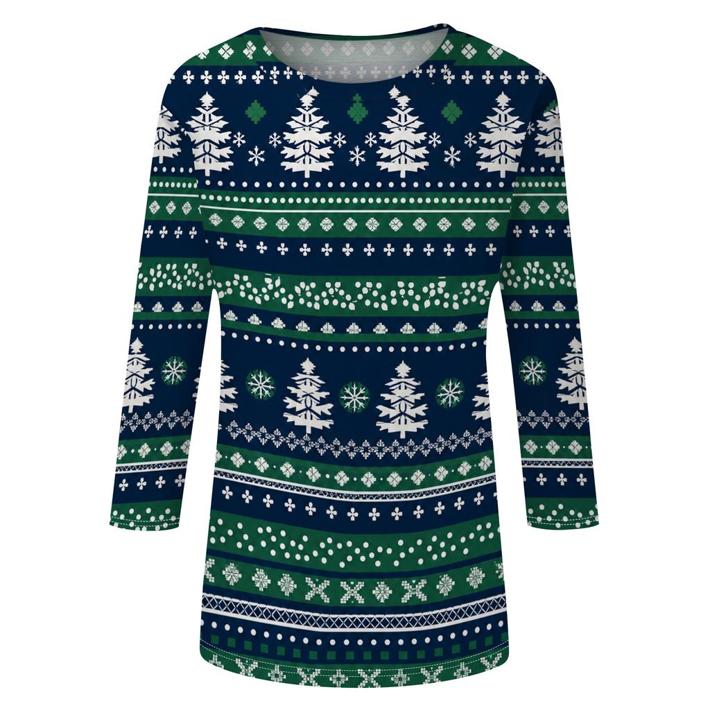 Women's Casual 3/4 Sleeve Neck Christmas Print Top with Festive Holiday Design