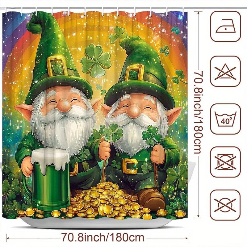 ~O~Festive Leprechauns Shower Curtain - Golden Coins & Rainbow, 70.8x70.8 , Polyester, Green Hats & Four-Leaf Clovers, Starry Sk W90XH180cm