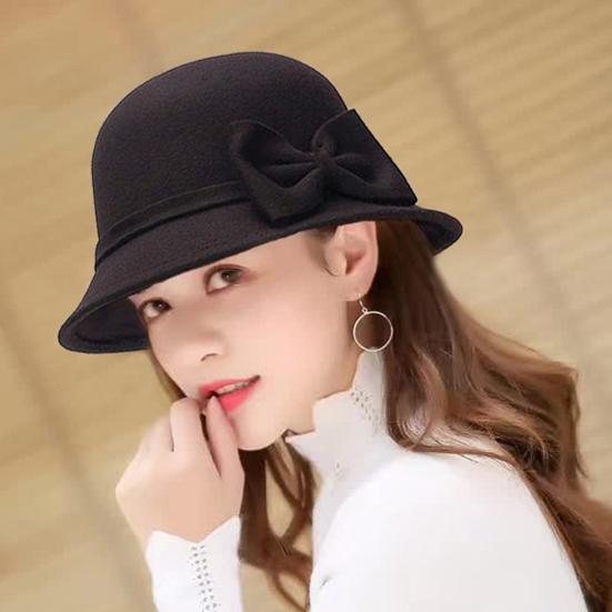 Jednobarevný klobouk s širokou krempou a kulatou kopulí, teplý vlněný klobouk pro ženy na podzim a zimu, elegantní dekorace mašlí, plstěný fedora klobouk pro každodenní nošení