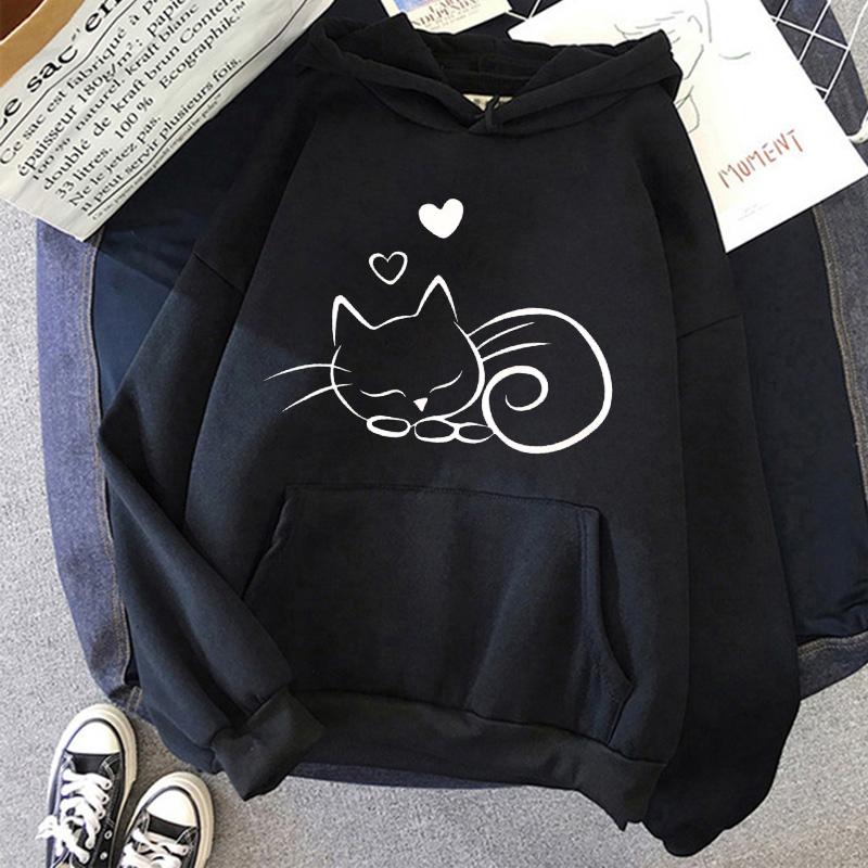 Damskie bluzy z nadrukiem śpiącego kota i serc, casualowe bluzy z kapturem, graficzne bluzy z kapturem w stylu gotyckim, bluzy z kapturem streetwear, ubrania kawaii