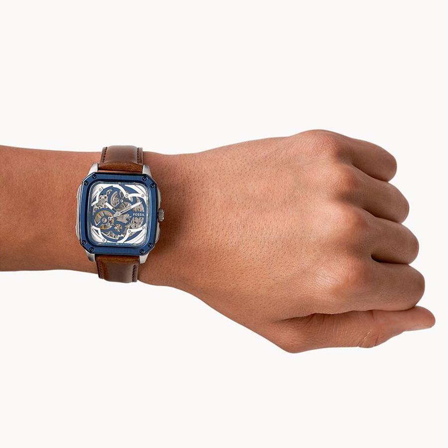 Fossil Inscription Automatic Skeleton Blue Dial Brown Leather Strap Watch for Men - BQ2571