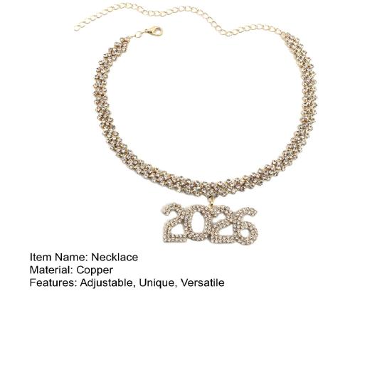 2026 Hip Hop Rhinestone Pendant Necklace Sparkling Bling Number Necklace for Women Fashion Party Jewelry Gift Adjustable Chain New Year Celebration